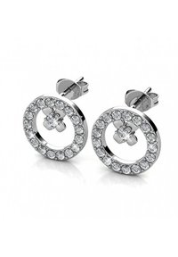 Orecchini circolari di tonalità argento con un design centrale a croce, circondati da strass trasparenti, con una finitura lucida e chiusura a perno.