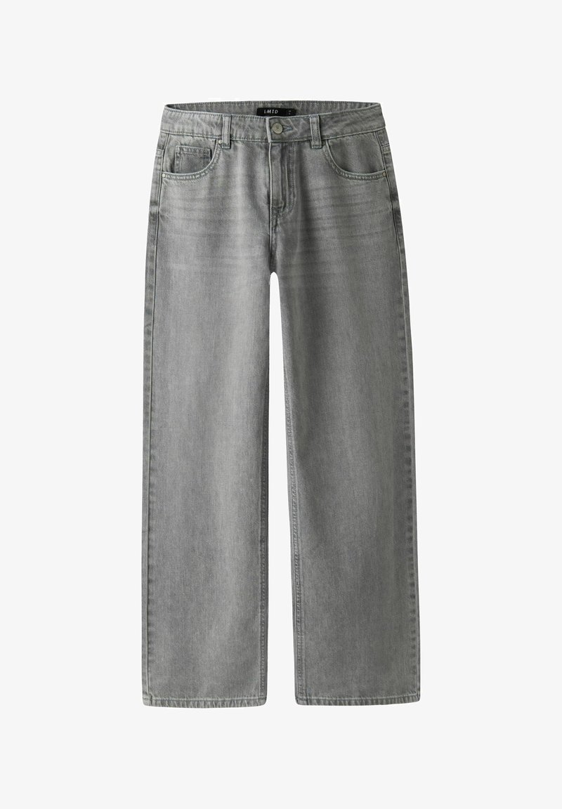 Jeans de mezclilla gris de pierna recta con diseño clásico de cinco bolsillos, trabillas para el cinturón y cierre de botón, mostrados de forma plana sobre fondo blanco.