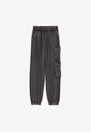 Dunkelgraue Cargo-Jogginghosen mit elastischem Bund, Kordelzug, seitlichen Klappentaschen und elastischen Bündchen.