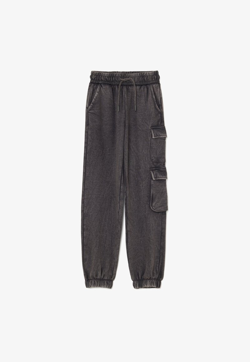 Dunkelgraue Cargo-Jogginghosen mit elastischem Bund, Kordelzug, seitlichen Klappentaschen und elastischen Bündchen.
