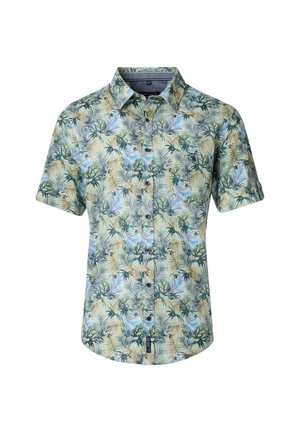 Short-sleeve button-up shirt in light green featuring a tropical leaf print, with subtle accents in yellow and blue, and a standard collar.