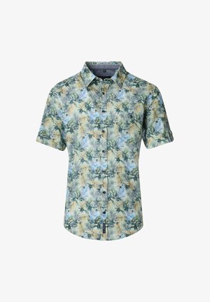 Short-sleeve button-up shirt in light green featuring a tropical leaf print, with subtle accents in yellow and blue, and a standard collar.