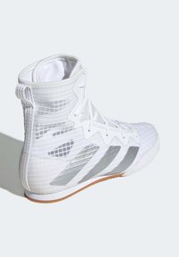 Valkoinen urheilukenkä, jossa korkea varsi ja verkkopintainen materiaali. Varustettu kolmella hopeanvärisellä raidalla, teksturoiduilla sivupaneeleilla ja kumipohjalla.