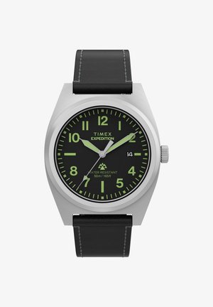 Reloj de pulsera Timex Expedition con esfera negra, números luminiscentes verdes, caja plateada, correa de cuero negra y pantalla de fecha a las 3 en punto.