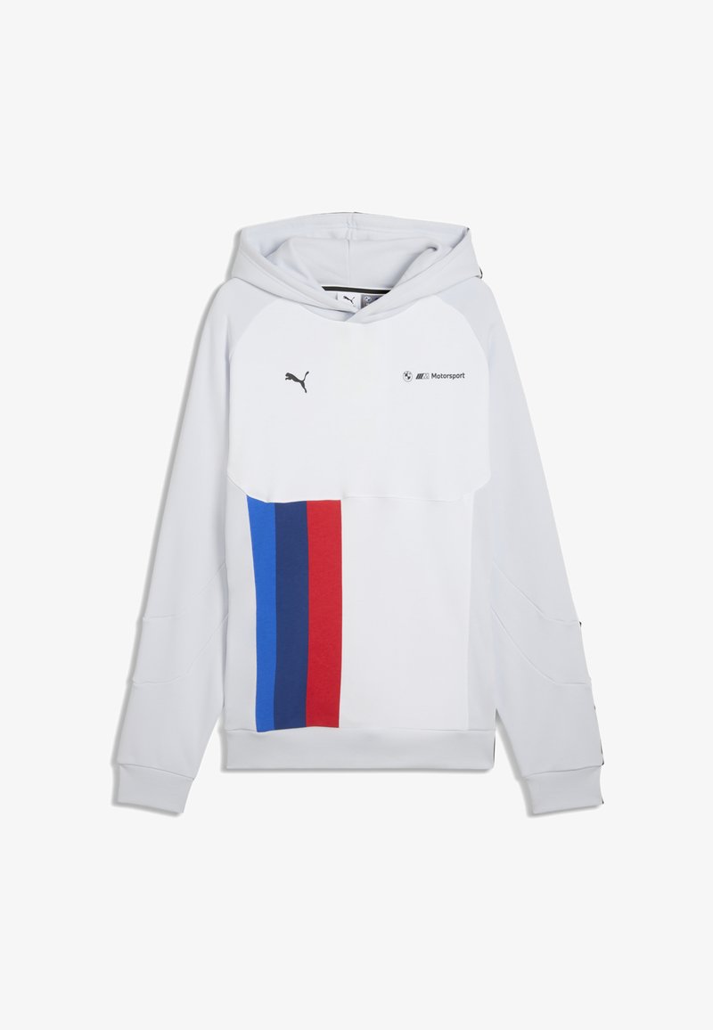 Sweat à capuche blanc Puma avec logos BMW Motorsport et rayures verticales bleues, bleu foncé et rouges sur le devant, à manches longues et avec capuche.