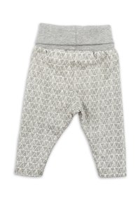 Pantalons de bébé doux de couleur grise avec une taille élastique et un motif abstrait de triangles blancs sur tout le tissu.