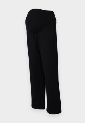 Črne nosečniške trenirke s prilagodljivim vrvico in raztegljivim, podpornim panelom za trebuh.