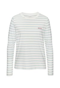 Langarmhemd aus weichem Stoff, mit horizontalen hellblauen und weißen Streifen. Rote gestickte "oh la la"-Details auf der Vorderseite.