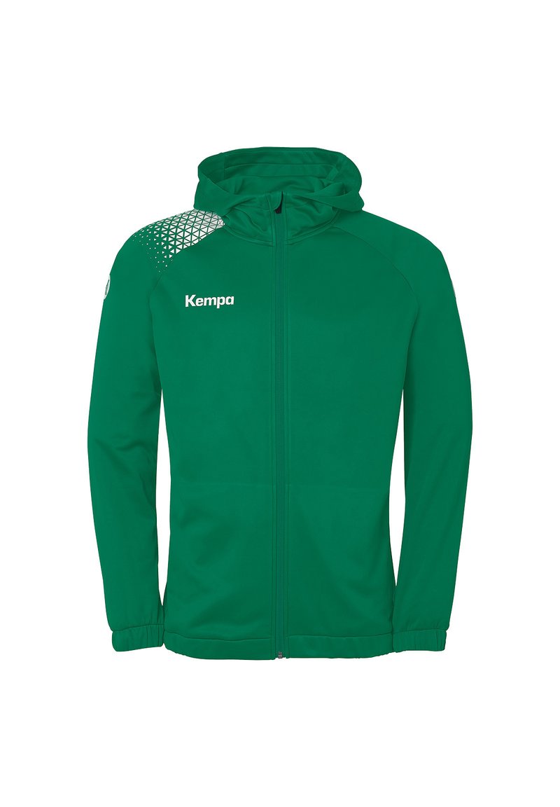 Grüne Jacke mit Reißverschluss, Kapuze und Netzmuster auf der linken Schulter. Aus leichtem Stoff gefertigt, mit einem Logo auf der Brust.