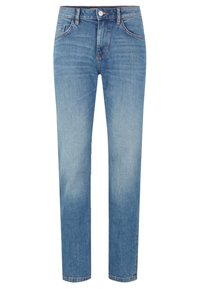 Blugi din denim bleu deschis, cu croială dreaptă, având un stil clasic cu cinci buzunare, fermoar și o ușoară decolorare pe picioare.