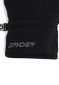 Cuff in maglia nera con ricamo grigio del logo "Spyder" e una clip in plastica nera regolabile sul lato.