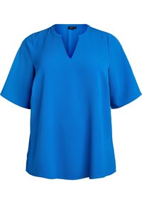 Sininen rento paita V-kaula-aukolla, lyhyillä hihoilla ja sileällä pinnalla. Sisältää hienovaraisen kiillon ja sivuhalkiot liikkumisen helpottamiseksi.