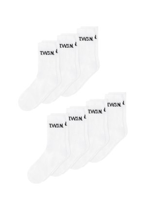 Tio par vita ankelsockor med svart "T.W.S.N."-text på cuffen, arrangerade i två rader mot en vit bakgrund.