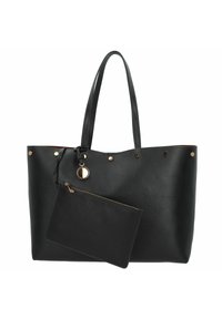 Sac fourre-tout en cuir noir avec quincaillerie en ton or, présentant une fermeture à cordon et une pochette zippée amovible. Texture lisse, design minimaliste.