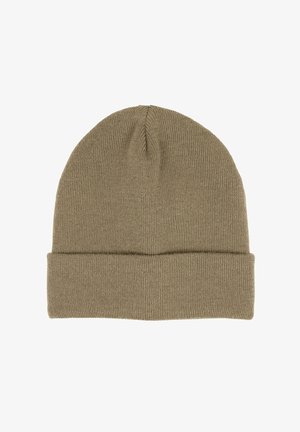 Light brown knitted beanie hat with folded cuff, seamless stitch pattern, and slightly rounded top.