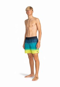 Mėlynai žaliai pereinantys maudymosi šortai su elastiniu juosmeniu, raišteliu ir mažu logotipu kairėje pusėje.