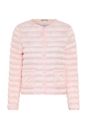Hellrosa gesteppte Jacke mit horizontaler Polsterung, Druckknopfverschluss vorne und zwei aufgesetzten Taschen vorne.