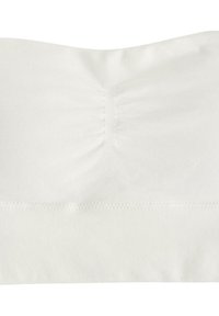 Top bandeau bianco elasticizzato con cucitura centrale arricciata e una texture liscia. Presenta un bordo elastico sicuro nella parte inferiore.