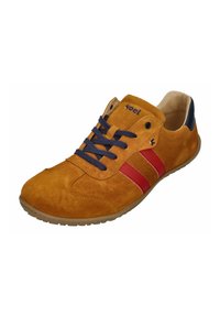 Wildledersneaker in Orange-Braun mit roten Streifen, marineblauen Akzenten und flachen Schnürsenkeln. Verfügt über ein gepolstertes Innenfutter und eine flexible Sohle.