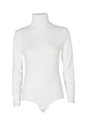 Body bianco a maniche lunghe con collo alto realizzato in tessuto morbido, dalla forma aderente e chiusura a snap sul fondo, con una texture liscia.