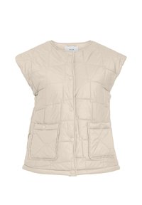 Õmblustega varrukateta vest helebeežis, millel on ümmargune kaelus, trukid ja kaks esist taskut klappidega. Sile tekstuur.