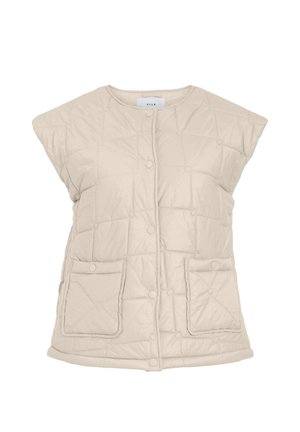 Vattert ermeløs vest i lysebeige, med rund halsutringning, trykknapper og to frontlommer med klaffer. Glatt tekstur.