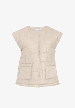 Vadderad ärmlös väst i ljusbeige, med rund halsringning, tryckknappar och två framfickor med lock. Mjuk textur.