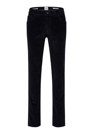 Pantalon en velours côtelé navy avec une coupe classique, présentant des poches avant et une fermeture à un bouton. Texture lisse avec des côtes verticales.
