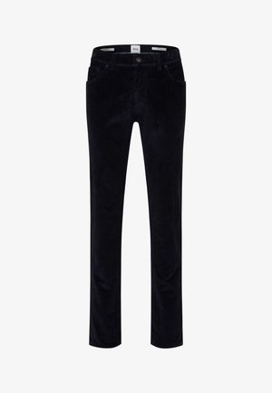 Pantalon en velours côtelé navy avec une coupe classique, présentant des poches avant et une fermeture à un bouton. Texture lisse avec des côtes verticales.