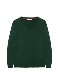Pull vert col en V en tissu tricoté. Comprend des manches longues, des poignets côtelés et un petit logo rouge sur la poitrine gauche.
