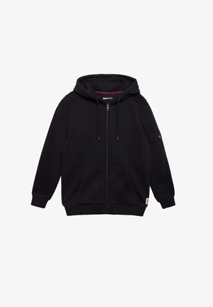 Sudadera con cremallera negra hecha de tela suave. Cuenta con capucha con cordón, bolsillos frontales y un bolsillo en la manga con botón. Corte clásico.