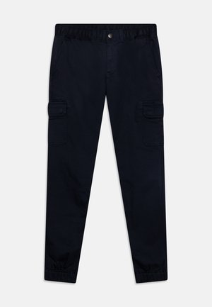 Pantalons cargo navy avec une taille élastique, deux poches latérales et une poche sur la jambe. Fabriqués à partir d'un tissu durable et lisse avec un poignet ajusté.