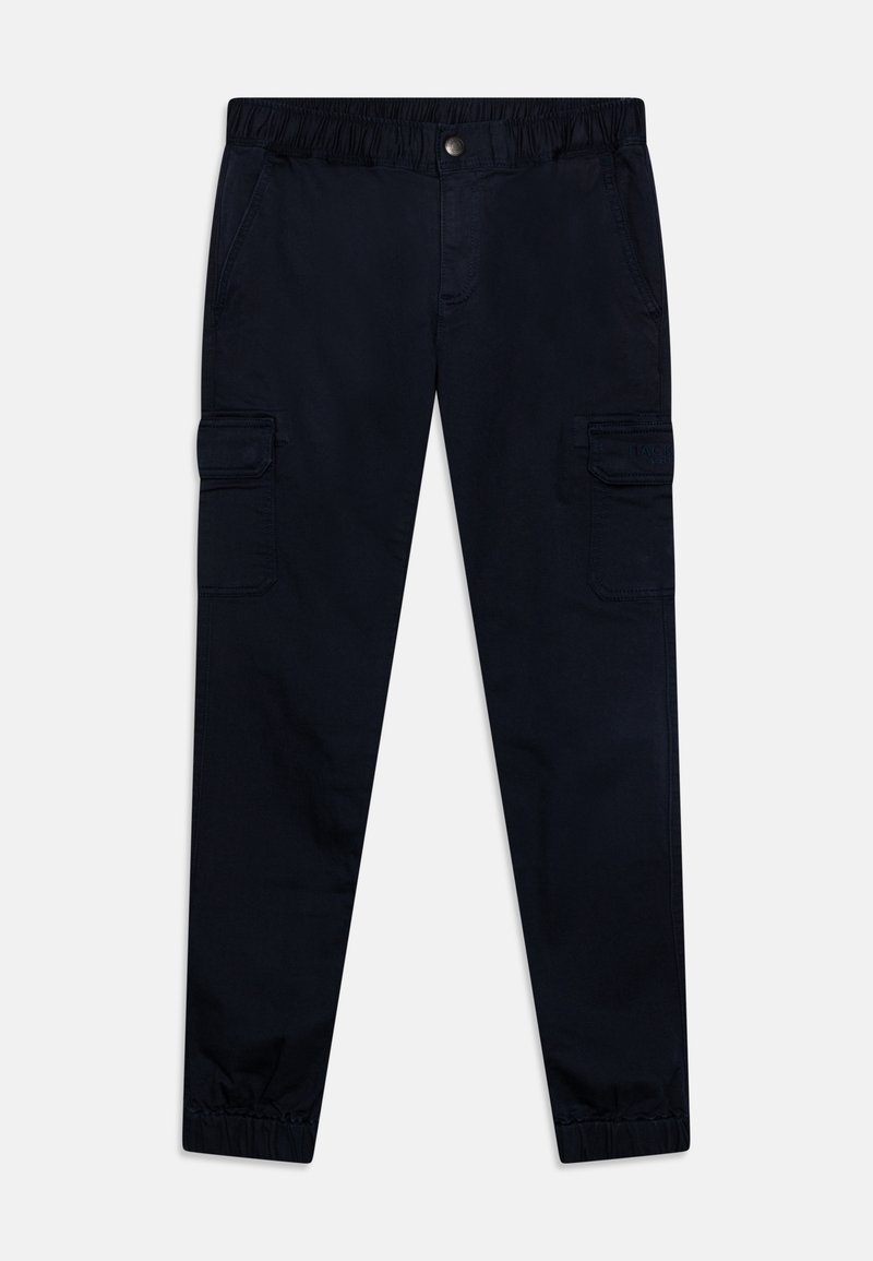 Pantalons cargo navy avec une taille élastique, deux poches latérales et une poche sur la jambe. Fabriqués à partir d'un tissu durable et lisse avec un poignet ajusté.