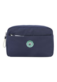 Marinblå tygpung med en slät textur, rund form, överdragning med dragkedja och en cirkulär grön och silver logotyp på framsidan.