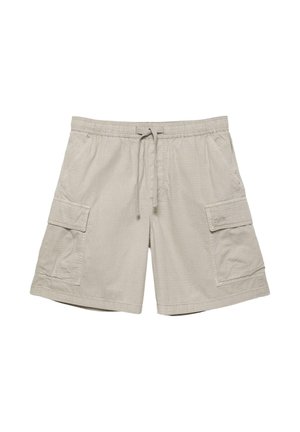 Világos bézs színű, alkalmi rövidnadrág elasztikus derékpánttal, húzózsinórral, két elülső zsebbel és nagy oldalzsebbel mindkét combon.