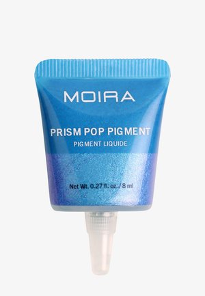 Blå tube af Moira Prism Pop Pigment væske med en fintippet dyse, 8 ml / 0,27 fl. oz., mod en hvid baggrund.