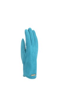 Guanto in suede blu con una piccola placca metallica rettangolare vicino al polso, mostrato in posizione verticale con le dita unite.