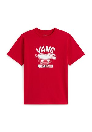 Czerwony T-shirt z krótkim rękawem z grafiką hot doga w okularach przeciwsłonecznych jadącego na deskorolce, z napisami "VANS" i "HOT DAWG".