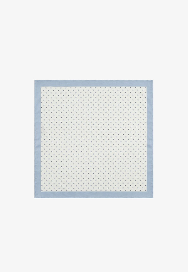 Bawełniana chusteczka w jasnoniebieską lamówkę i białym środku, zdobiona powtarzającym się wzorem małych niebieskich gwiazdek.