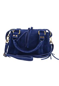 Sac à main en daim navy avec quincaillerie dorée, anse tressée et fermeture à cordon. Dispose de deux sangles latérales et d'une bandoulière amovible.