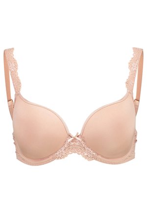 Soutien-gorge rembourré rose clair avec dentelle sur les bretelles et le bandeau sous la poitrine, présentant un détail en nœud central et des bonnets lisses et ajustés.
