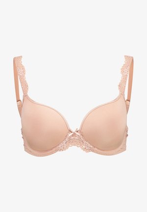 Light pink padded bra with lace trim on straps and underband, featuring a central bow detail and smooth, contoured cups.