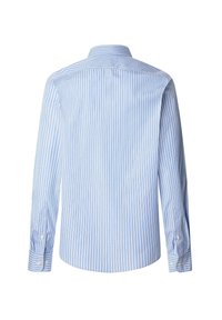 Blauw-wit gestreepte blouse met lange mouwen, een spitse kraag, knoopmanchetten en een gebogen zoom. Gemaakt van gladde stof.