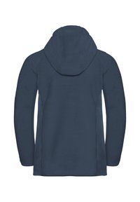 Giacca in pile navy con cappuccio, maniche lunghe e superficie texturizzata. Cuciture piatte e senza chiusure visibili nella vista posteriore.