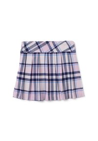 Falda de cuadros con pliegues, con un fondo rosa pastel y rayas en azul marino y azul. Hecha de una tela de textura suave.