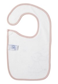 White cotton bib with a pink cotton trim, featuring a rounded neck hole and soft texture. Includes a small label at the bottom.