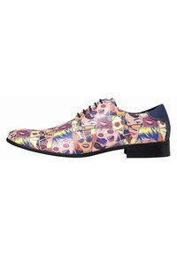 Men's dress shoe with a colorful pop-art pattern featuring faces and sunglasses, made of smooth material, with a sleek shape and black sole.
