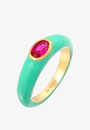 Turquoise ring with smooth finish, featuring a central oval fuchsia gemstone set in gold-tone bezel, marked with "Ag 925" inside.