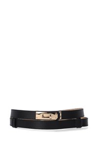 Black leather belt with a smooth texture, narrow design, and a gold-tone metal buckle featuring a rectangular clasp.