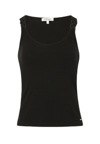 Black ribbed tank top with lace accents on shoulders. Features a scoop neckline and fitted design. Material appears soft and stretchable.